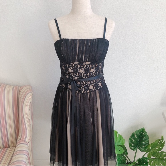 WHBM Black Lace Tulle Overlay Dress With Waist Tie - Picture 2 of 9